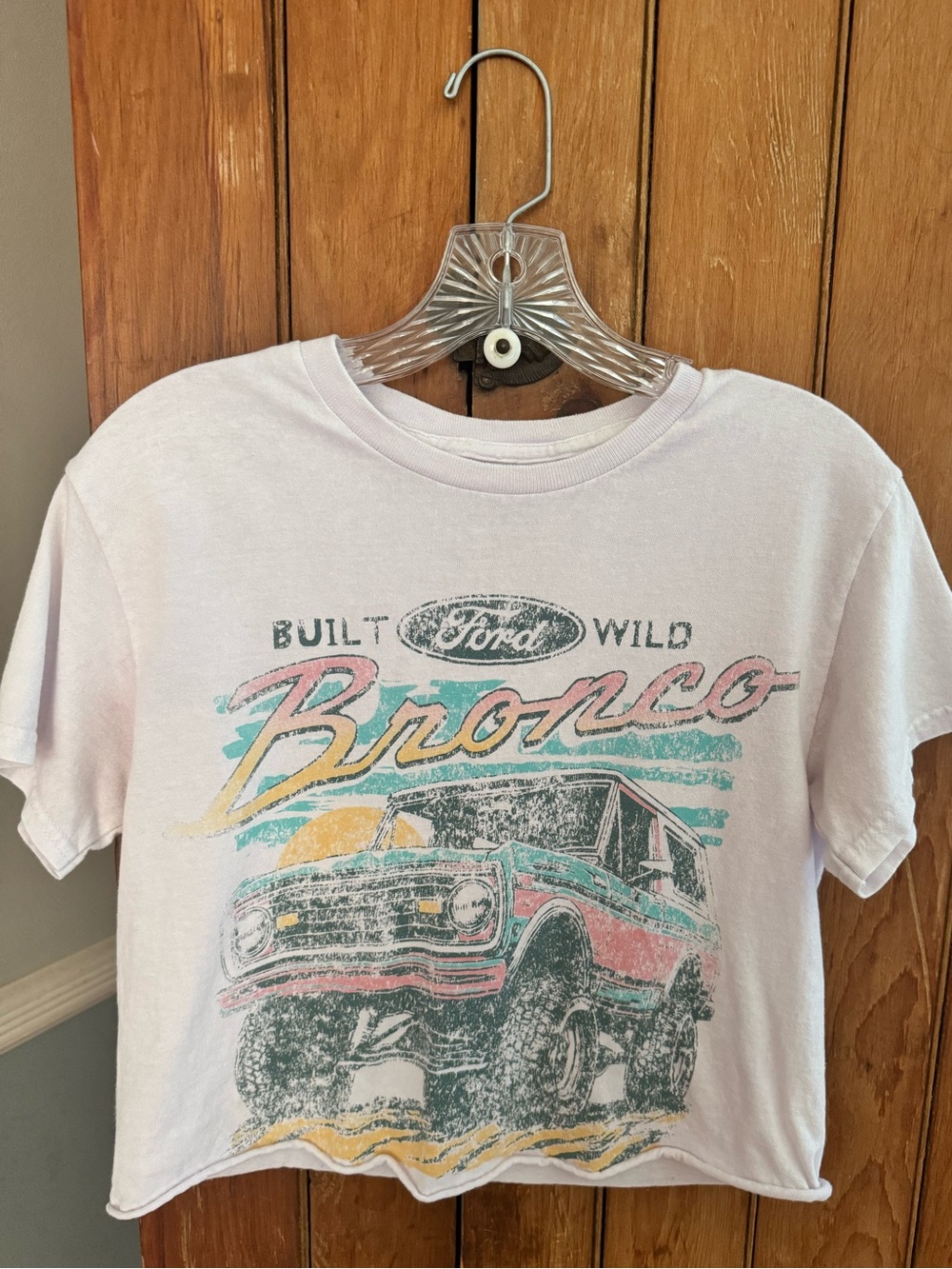 Women’s Purple Ford Bronco Built Wild Graphic Crop T-Shirt Retro Truck Design,